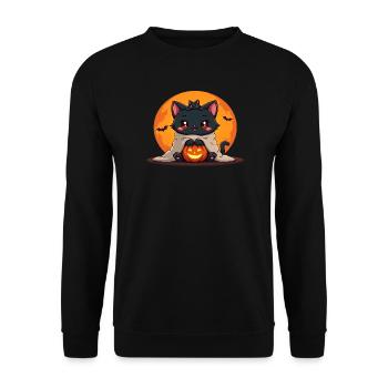 Halloween Katze mit Halloween Kürbis - Unisex Pullover - Schwarz - Vorne - Alina (178cm) & Michal (187cm)
