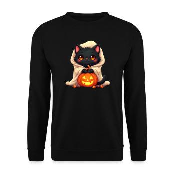 Halloween Katze mit Halloween Kürbis - Unisex Pullover - Schwarz - Vorne - Alina (178cm) & Michal (187cm)