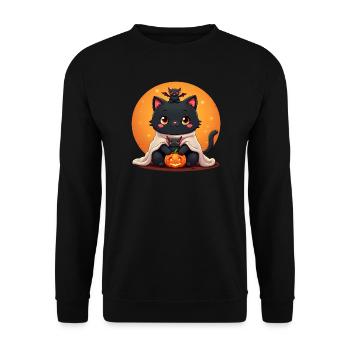 Halloween Katze mit Halloween Kürbis - Unisex Pullover - Schwarz - Vorne - Alina (178cm) & Michal (187cm)
