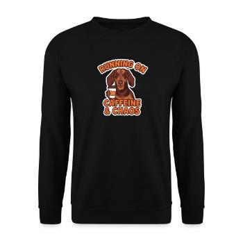 Dackel Running On Caffeine & Chaos Retro - Unisex Pullover - Schwarz - Vorne - Alina (178cm) & Michal (187cm)