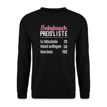 Babybauch Preisliste | Geschenk Babyparty - Unisex Pullover - Schwarz - Vorne - Alina (178cm) & Michal (187cm)