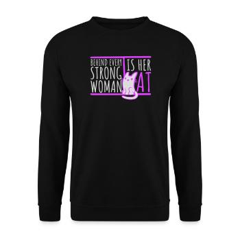 Behind Every Strong Woman Is Her Cat Spruch Katze - Unisex Pullover - Schwarz - Vorne - Alina (178cm) & Michal (187cm)