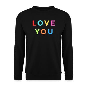 Buntes LOVE YOU Design – Regenbogen Buchstaben - Unisex Pullover - Schwarz - Vorne - Alina (178cm) & Michal (187cm)