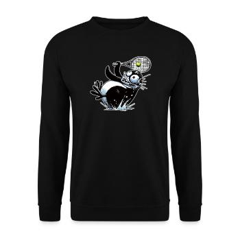 Lustiger Pinguin Beim Tennis Mit Schläger - Unisex Pullover - Schwarz - Vorne - Alina (178cm) & Michal (187cm)