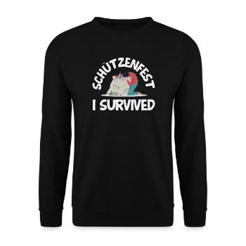 Lustiger Schützenfest I Survived Spruch - Unisex Pullover - Schwarz - Vorne - Alina (178cm) & Michal (187cm)