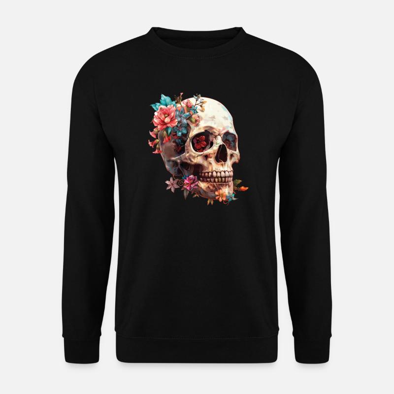 Totenkopf, Schädel mit Blumen - Unisex Pullover - Schwarz