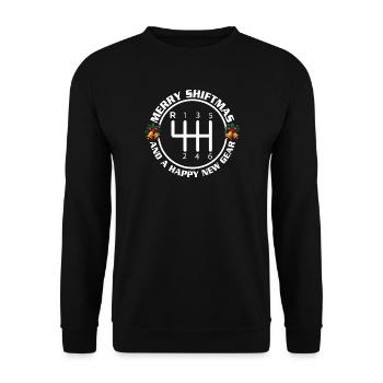Fröhliche Shiftmas Happy New Gear lustiges Auto-Weihnachtszitat - Unisex Pullover - Schwarz - Vorne - Alina (178cm) & Michal (187cm)
