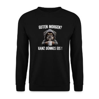 Grumpy Hund mit Kaffee für müde Morgenmenschen - Unisex Pullover - Schwarz - Vorne - Alina (178cm) & Michal (187cm)