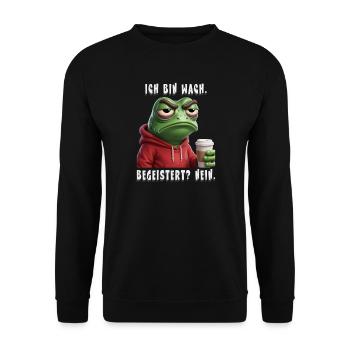 Müder Frosch Spruch Ich bin wach, begeistert? Nein - Unisex Pullover - Schwarz - Vorne - Alina (178cm) & Michal (187cm)