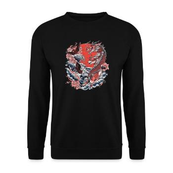 Koi, Wellen und Kirschblüte - Unisex Pullover - Schwarz - Vorne - Alina (178cm) & Michal (187cm)