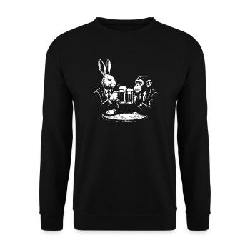 Kaninchen und Affe trinken Bier im Pub - Unisex Pullover - Schwarz - Vorne - Alina (178cm) & Michal (187cm)