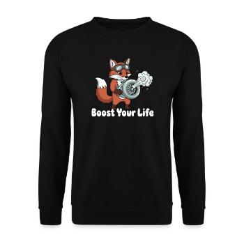 Fuchs mit Jetbike Boost - Unisex Pullover - Schwarz - Vorne - Alina (178cm) & Michal (187cm)