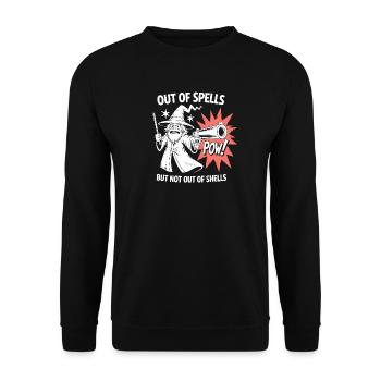 Aus den Zaubern, aber nicht aus den Hüllen - Cool Wizard - Unisex Pullover - Schwarz - Vorne - Alina (178cm) & Michal (187cm)