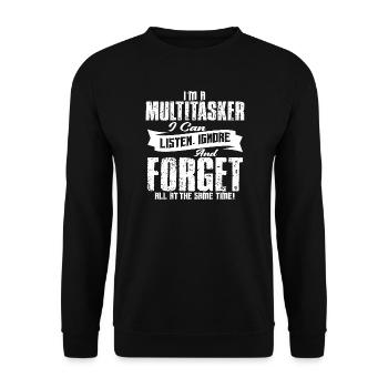 ICH BIN EIN MULTITASKER, ICH KANN ZUHÖREN, IGNORIEREN UND VERGESSEN - Unisex Pullover - Schwarz - Vorne - Alina (178cm) & Michal (187cm)