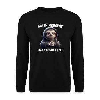 Grimmiges Faultier mit Kaffee Spruch Design - Unisex Pullover - Schwarz - Vorne - Alina (178cm) & Michal (187cm)