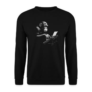 Chimp Typist Retro-Druck - Unisex Pullover - Schwarz - Vorne - Alina (178cm) & Michal (187cm)