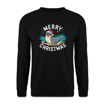  Merry Christmas Niedliche Weihnachtsrobbe - Unisex Pullover - Schwarz - Vorne - Alina (178cm) & Michal (187cm)