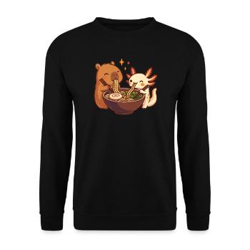 Capybara mit Axolotl isst Nudeln Ramen kawaii - Unisex Pullover - Schwarz - Vorne - Alina (178cm) & Michal (187cm)