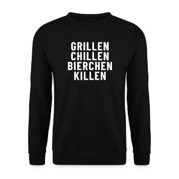 Grillen Chillen Bierchen Killen - Unisex Pullover - Schwarz - Vorne - Alina (178cm) & Michal (187cm)