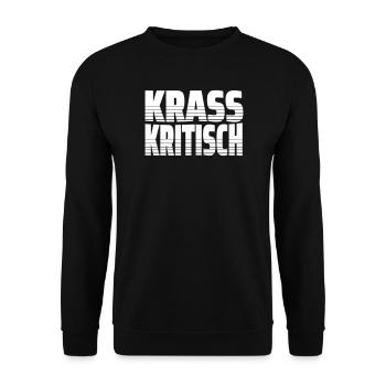 Krass Kritisch - Krasser Linientext mit Streifen - Unisex Pullover - Schwarz - Vorne - Alina (178cm) & Michal (187cm)