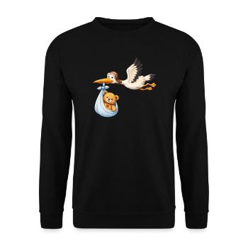 Storch Baby Lieferung Teddy im Tuch Geschenk Shirt - Unisex Pullover - Schwarz - Vorne - Alina (178cm) & Michal (187cm)