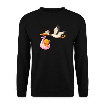 Baby Mädchen Storch mit Teddy im Tuch Geschenk - Unisex Pullover - Schwarz - Vorne - Alina (178cm) & Michal (187cm)