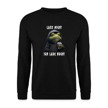 Lass mich! Ich lade noch! – Müder Frosch Humor - Unisex Pullover - Schwarz - Vorne - Alina (178cm) & Michal (187cm)