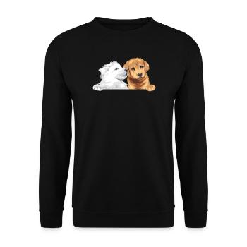 Weißer Schweizer Schäferhund und Golden Retriever - Unisex Pullover - Schwarz - Vorne - Alina (178cm) & Michal (187cm)