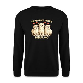 Schafe Comic Motiv mit Herz und lustigem Spruch - Unisex Pullover - Schwarz - Vorne - Alina (178cm) & Michal (187cm)