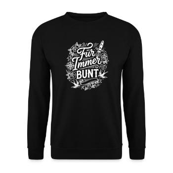 Für immer bunt – Tattoo-Style Design - Unisex Pullover - Schwarz - Vorne - Alina (178cm) & Michal (187cm)