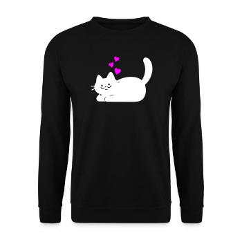 Liegende Katze mit Herzen Weiß - Unisex Pullover - Schwarz - Vorne - Alina (178cm) & Michal (187cm)