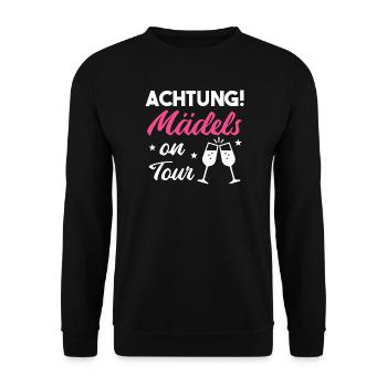 Achtung! Mädels on Tour – JGA Party Shirt - Unisex Pullover - Schwarz - Vorne - Alina (178cm) & Michal (187cm)