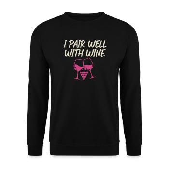 I Pair Well With Wine – Wein-Glas Motiv - Unisex Pullover - Schwarz - Vorne - Alina (178cm) & Michal (187cm)