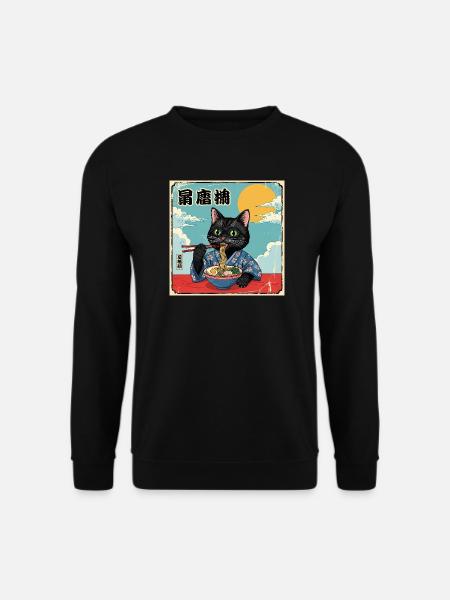 Kawaii Cat Eating Ramen Noodles Katze - Unisex Pullover - Schwarz