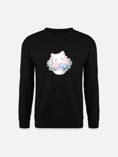 Cute White Cat in Hydrangeas – Kawaii Design - Unisex Sweatshirt - black