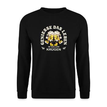 Genieße das Leben – Bierkrug Retro Spruch - Unisex Pullover - Schwarz - Vorne - Alina (178cm) & Michal (187cm)