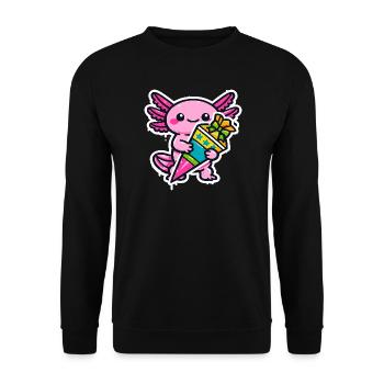 Niedliches Axolotl Kind Einschulung Schulanfang - Unisex Pullover - Schwarz - Vorne - Alina (178cm) & Michal (187cm)