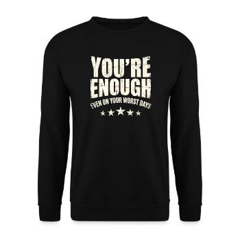 Du bist genug – Mutige Tagesbotschaft - Unisex Pullover - Schwarz - Vorne - Alina (178cm) & Michal (187cm)