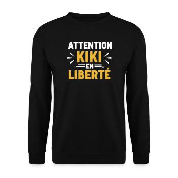 Citation Homme Kiki Drole Prénom Humour Attention  - Sweat-shirt Unisexe - noir - Devant - Alina (178cm) & Michal (187cm)