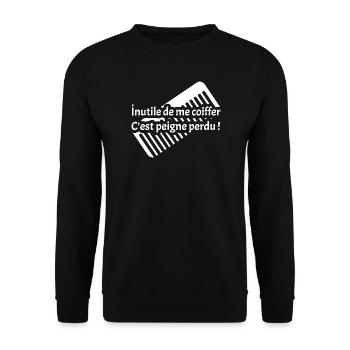 ICH MUSS MEINE HAARE NICHT MACHEN, ES IST EIN VERLORENER KAMM! - Unisex Pullover - Schwarz - Vorne - Alina (178cm) & Michal (187cm)