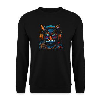Neon DJ-Katze mit Kopfhörern - Unisex Pullover - Schwarz - Vorne - Alina (178cm) & Michal (187cm)