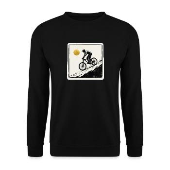 Mountainbiker Holzschnitt Goldene Sonne - Unisex Pullover - Schwarz - Vorne - Alina (178cm) & Michal (187cm)