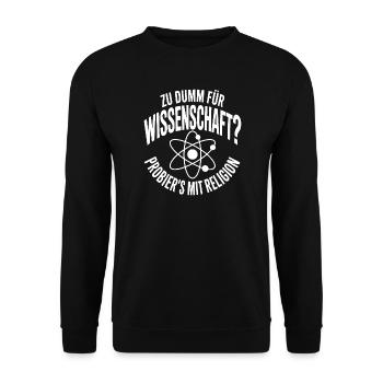Wissenschaft vs Religion Spruch - Unisex Pullover - Schwarz - Vorne - Alina (178cm) & Michal (187cm)