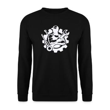 Schrauberkraft im Zahnrad-Design - Unisex Pullover - Schwarz - Vorne - Alina (178cm) & Michal (187cm)