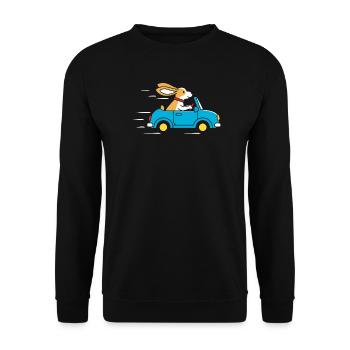 Kaninchen im Blauem Cabrio Abenteuer - Unisex Pullover - Schwarz - Vorne - Alina (178cm) & Michal (187cm)