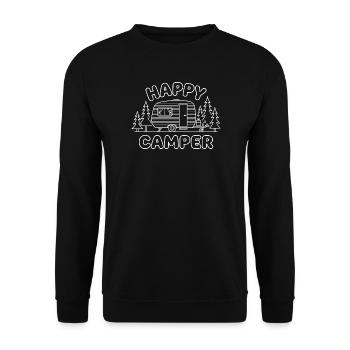 Happy Camper – Wohnwagen Camping Outdoor Design - Unisex Pullover - Schwarz - Vorne - Alina (178cm) & Michal (187cm)