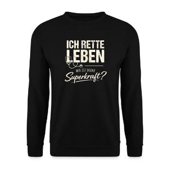 Ich rette Leben - Superkraft Pflege Retro - Unisex Pullover - Schwarz - Vorne - Alina (178cm) & Michal (187cm)