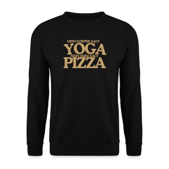 Yoga oder Pizza Lustiger Retro Spruch Design - Unisex Pullover - Schwarz - Vorne - Alina (178cm) & Michal (187cm)