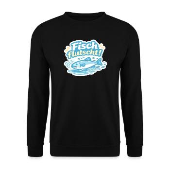 Fisch flutscht! Cartoon-Sticker - Unisex Pullover - Schwarz - Vorne - Alina (178cm) & Michal (187cm)