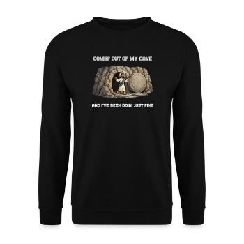 Auferstehung aus der Höhle Spruch - Unisex Pullover - Schwarz - Vorne - Alina (178cm) & Michal (187cm)